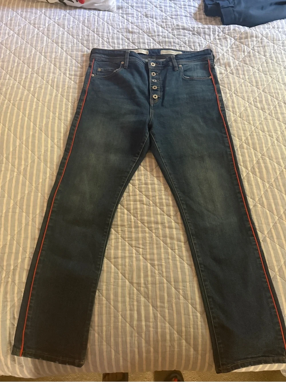 Pilcro and the Letterpress Mid-Blue Jeans with Orange Side Stripe